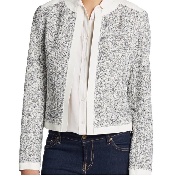 Elie Tahari Women's Tweed Leather Trim Zip Front Short Jacket White Blue Sz‎ 2